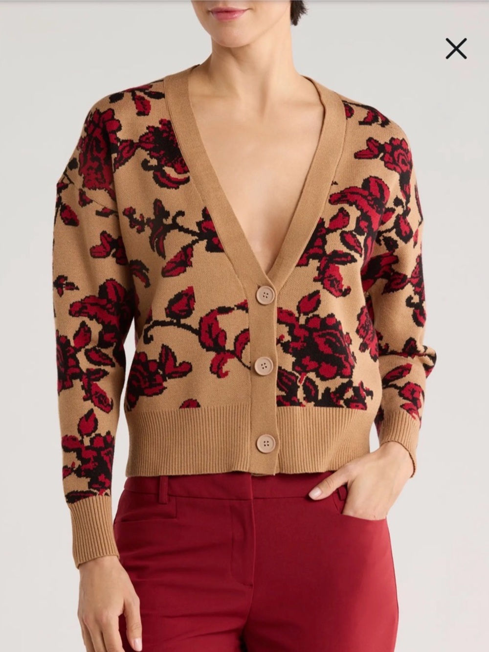 T Tahari V-Neck Crop Cardigan in Camel and Red Floral